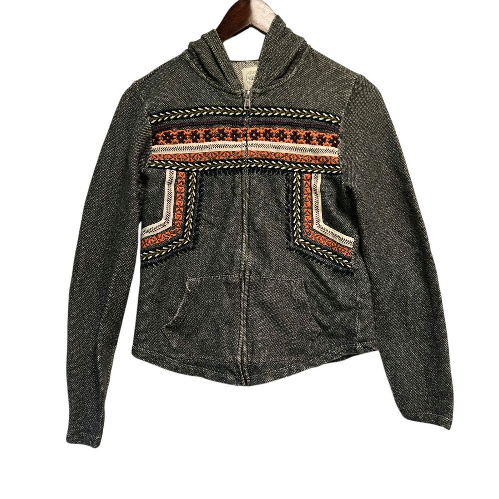 LUCKY LOTUS‎ Hoodie MEDIUM-Grey Floral Boho Jacket Southwestern Aztec